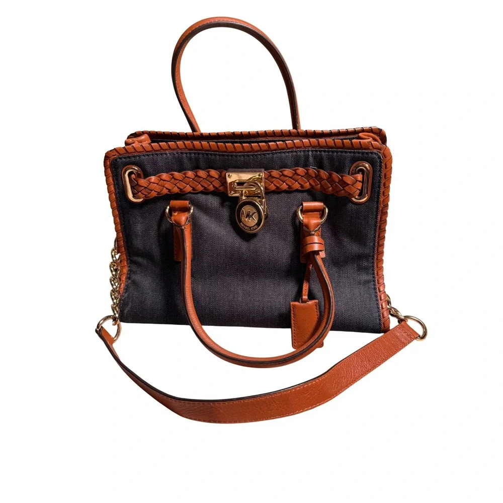 Michael Kors Hamilton Whipstitch Denim Leather Satchel Shoulder Bag Purse